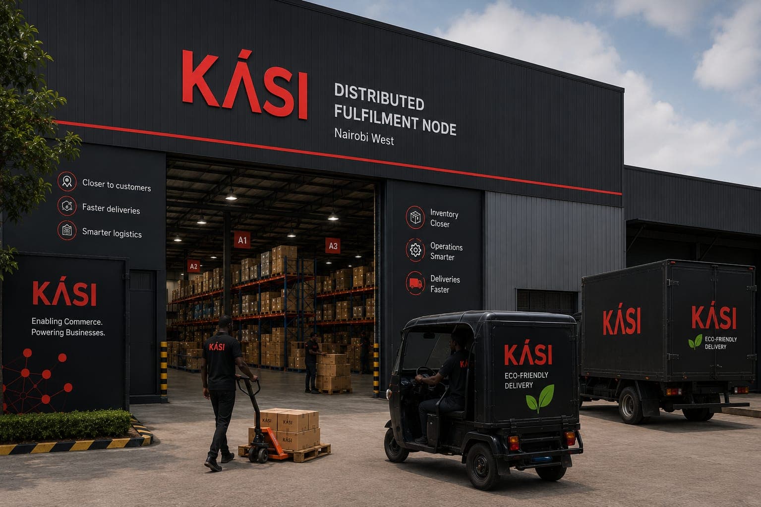 A KásiOS distributed fulfilment node in Nairobi West, with staff loading an electric delivery vehicle