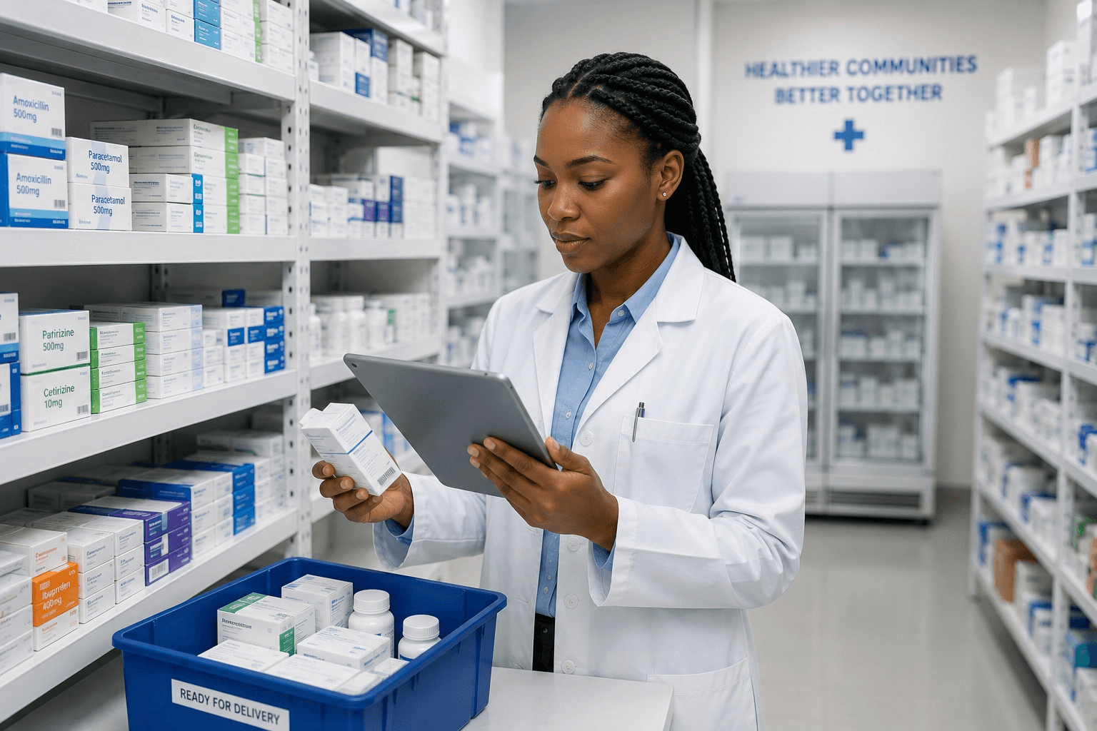 A pharmacist checking stock against a tablet beside a crate marked ready for delivery