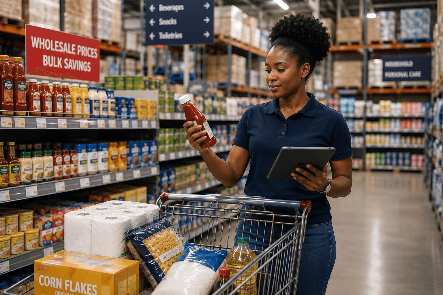 A buyer checking stock in a wholesale aisle with a loaded trolley